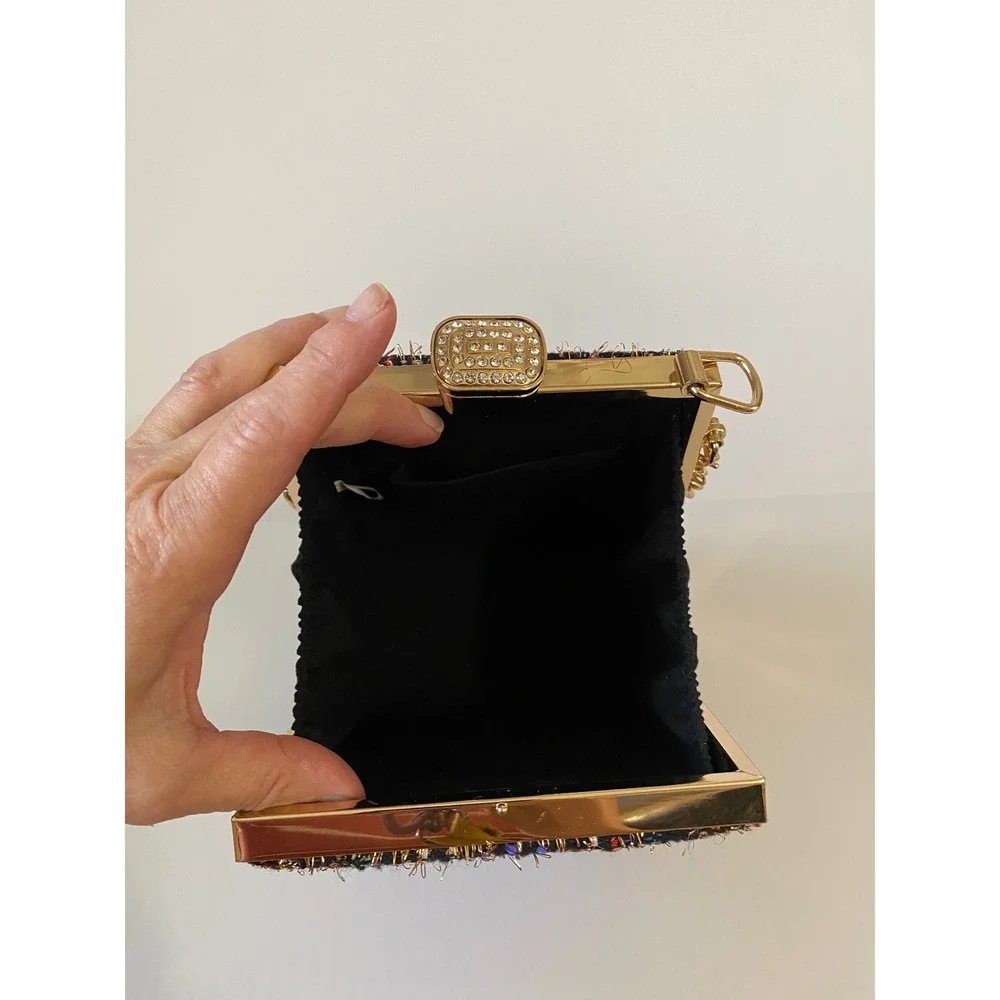 Multicolor Tweed Evening Clutch Bag Gold Chain Strap Crystal Clasp Structured